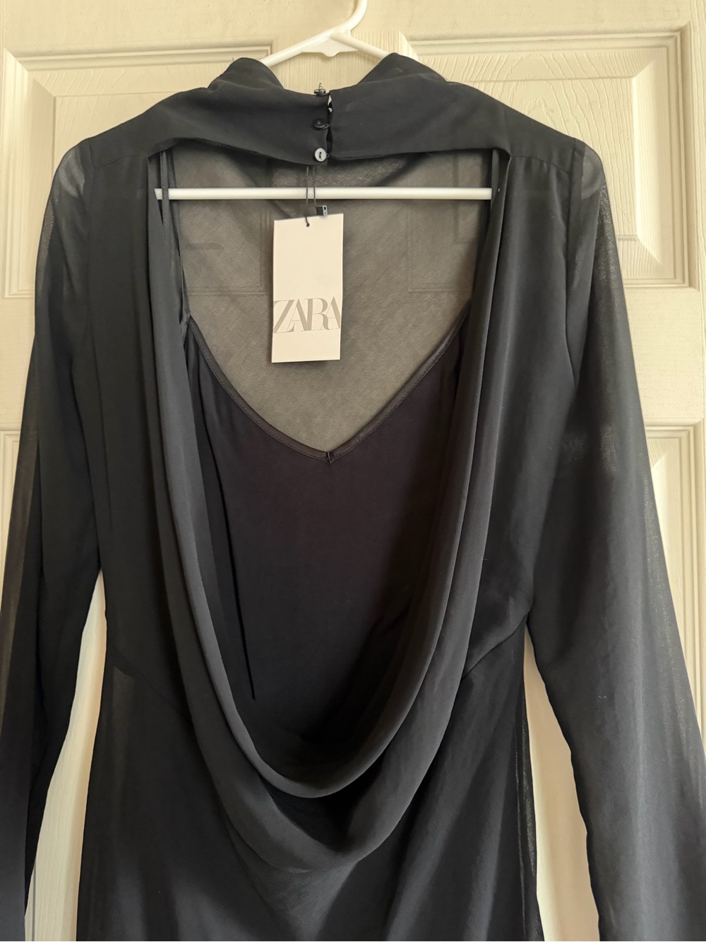 NWT Zara Black Sheer Drape-Back Dress